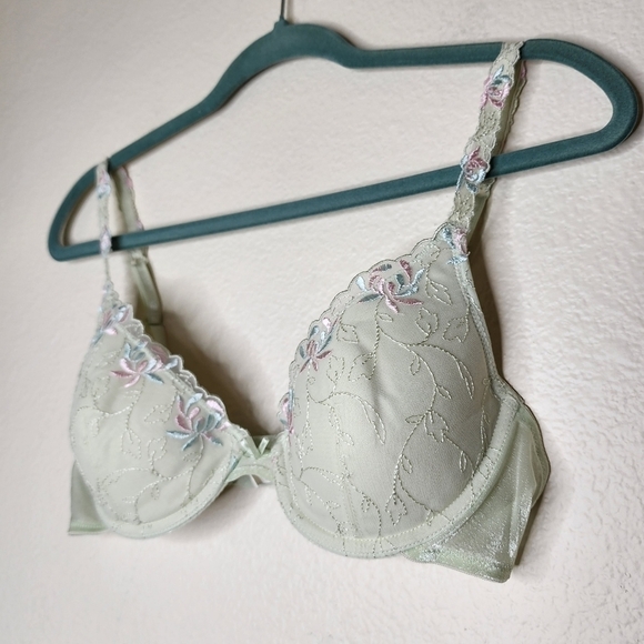 Vintage Lily Of France Green Floral Embroidery Padded Push Up Bra 36B - Picture 2 of 6
